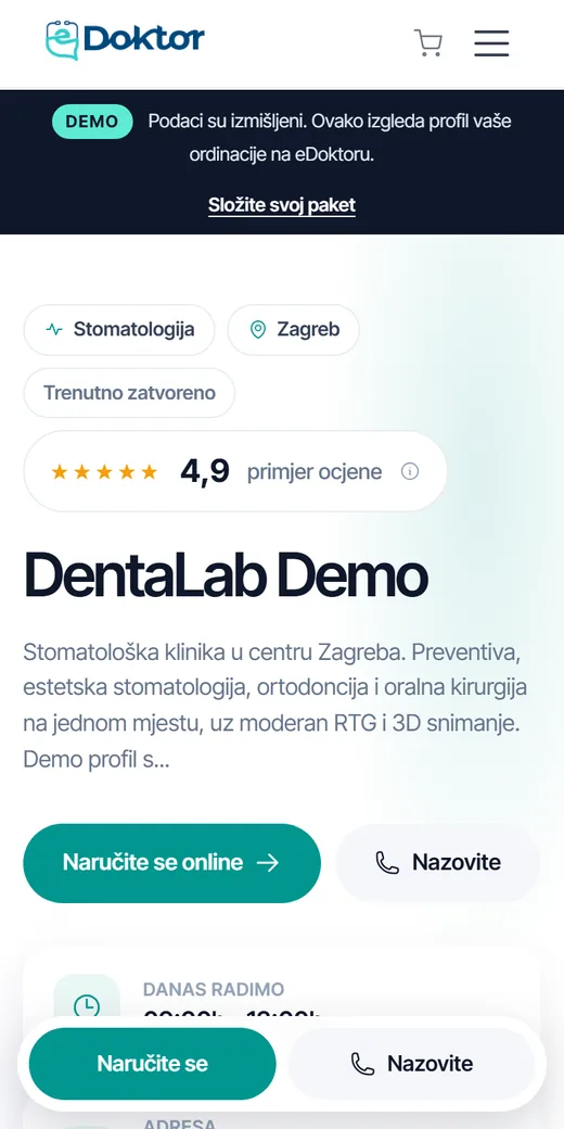 Primjer profila ordinacije na eDoktoru na mobitelu