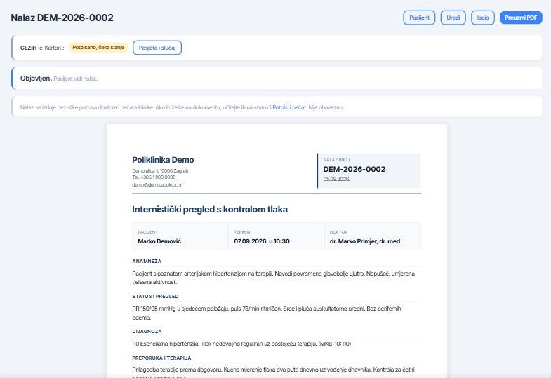 Nalaz s CEZIH statusom potpisano ceka slanje u eDoktor demo ordinaciji