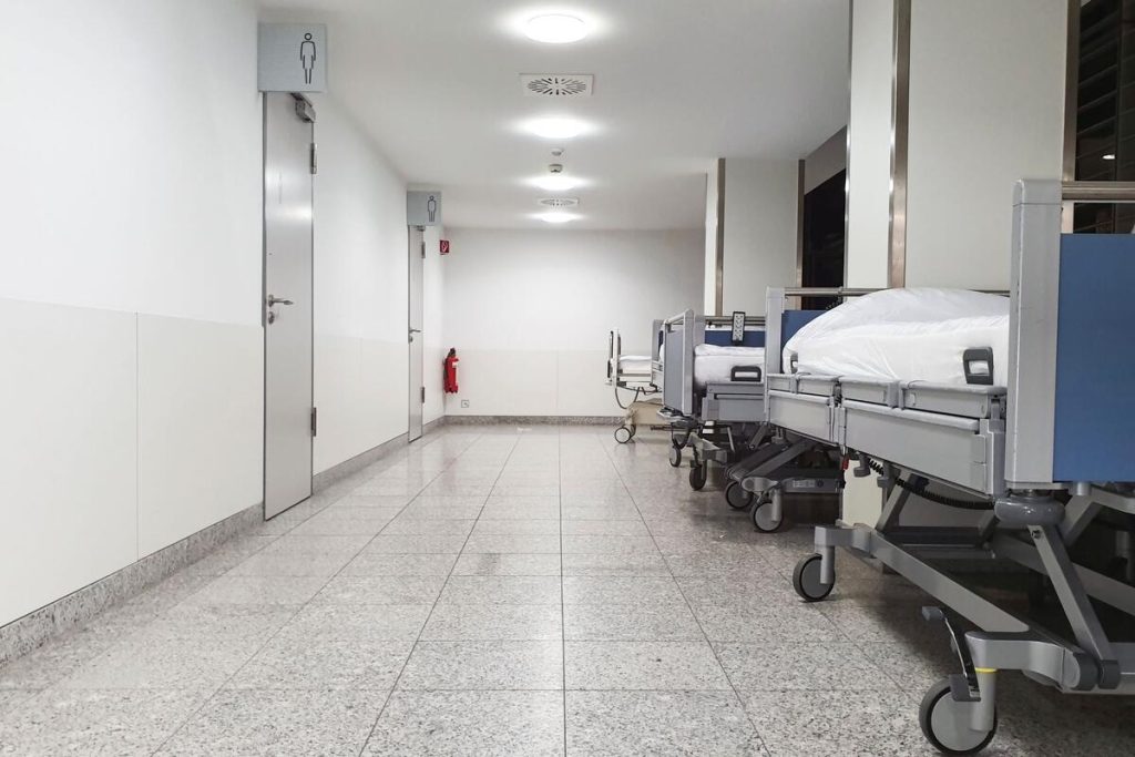 hospital maternity ward corridor, empty, no visible faces