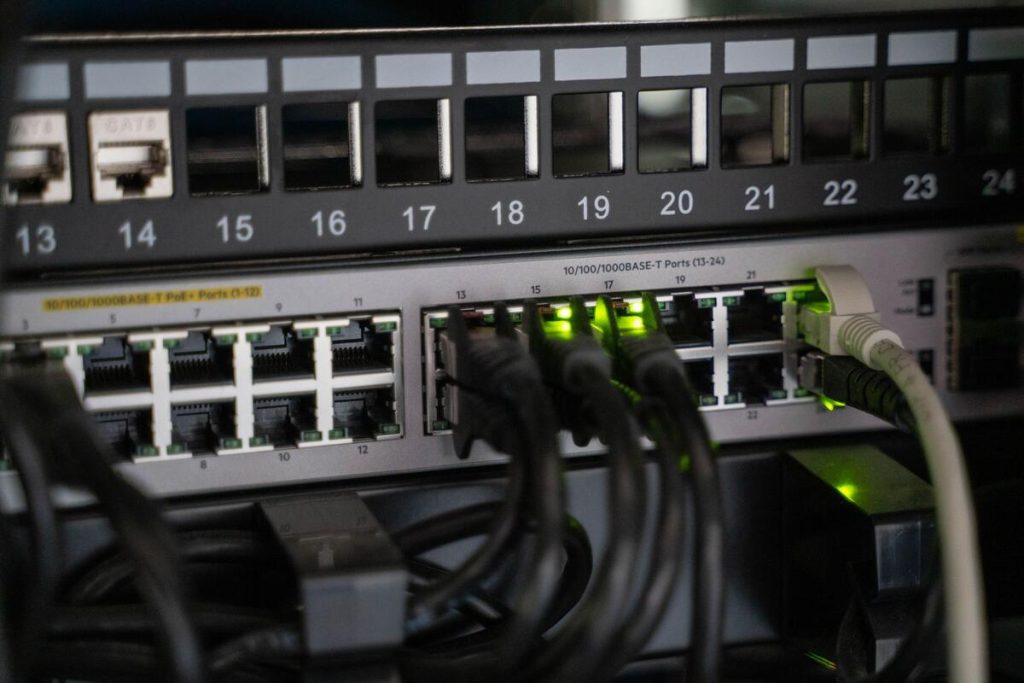 network cable and router in small medical office, close up, no people