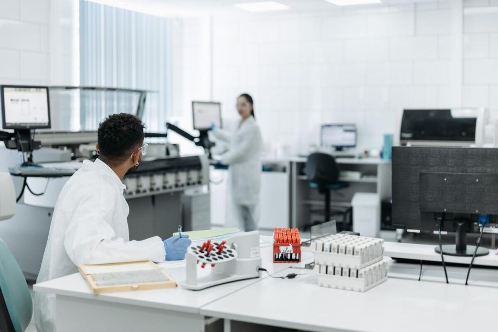 Scientist examining pancreas model and medical charts in laboratory